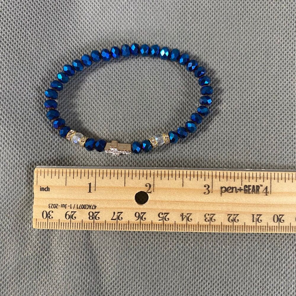 Metallic Iridescent Blue Cross Charm Bracelet Octagon Beads Multicolor Stretch - Picture 8 of 8